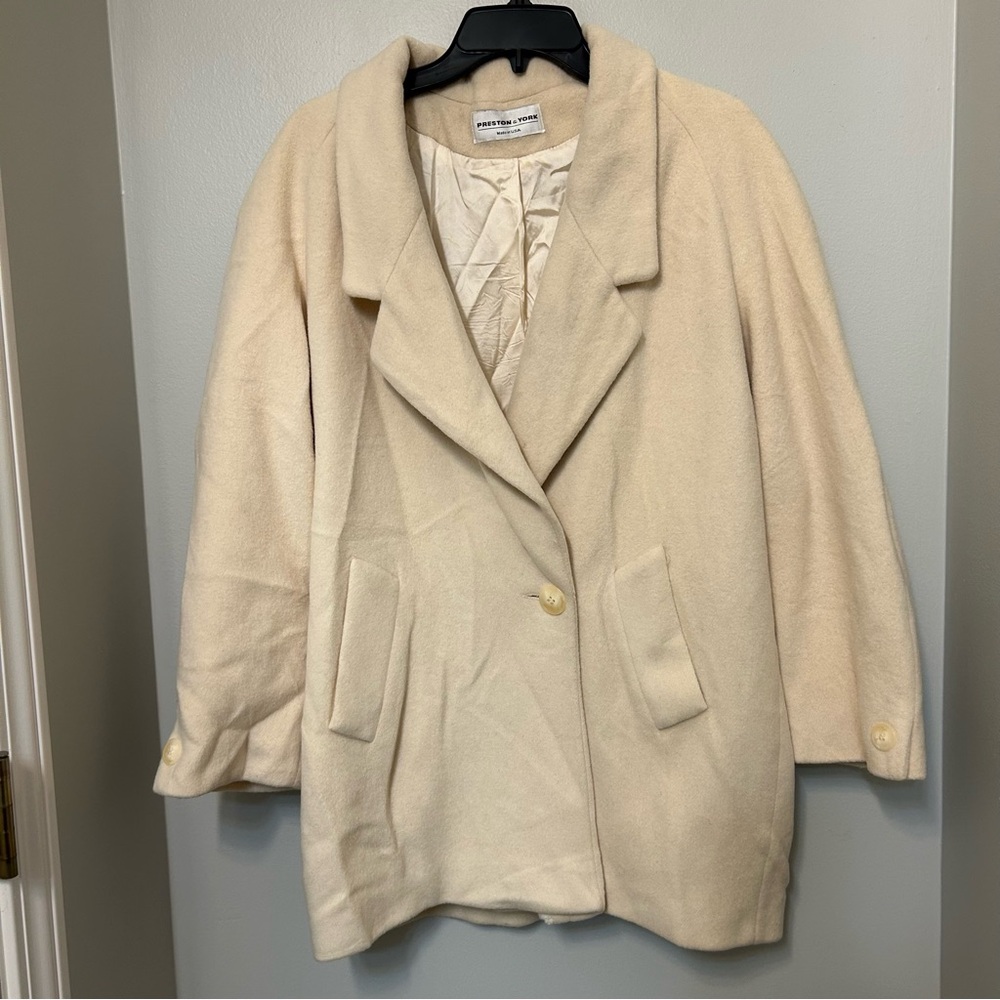 Vintage Preston & York 100% Merino Wool Coat Cream‎ Overcoat Sz 10 USA  Button